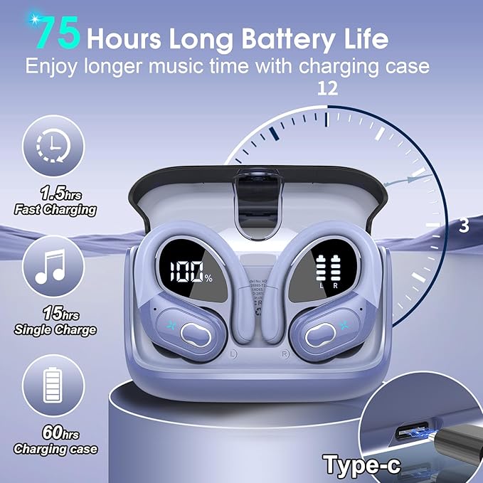 Wireless Earbuds 75hrs Bluetooth 5.4 Headphone Sport, 2026 Bluetooth Earbuds Hifi Stereo Over Ear Bud with Earhooks, ENC Noise Cancelling Mic, IPX7 Waterproof Earphone for Gym/Workout, Purple Blue