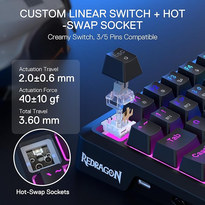 Redragon K724 PRO Wireless Gasket Gaming Keyboard w/Hype Screen & Knob, 81-Key Mechanical Keyboard, Easy-Control 1.14’’ TFT Info Display, 5-Layer Noise Dampening, Custom Linear Switch