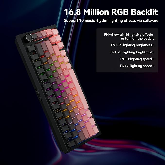 Gurjot Wireless Mechanical Keyboard,75% Hot Swappable Keyboard with Knob,8000mAH Battery RGB Backlit,Side Printed PBT Keycaps,2.4GHz/USB-C/BT5.0 Mechanical Gaming Keyboards, Black&Pink