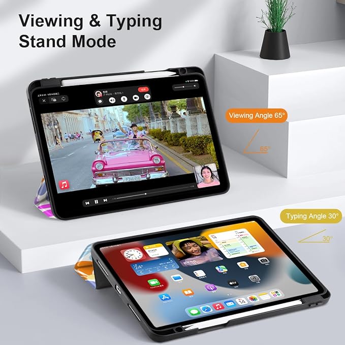 DONGKE Case for 2022/2021/2020/2018 iPad Pro 11 inch Gen 4/3/2/1 - Slim Protective Case - Built in Pencil Holder Support Charging - Trifold Stand & Sleep/Wake Cover - Retro Flowers