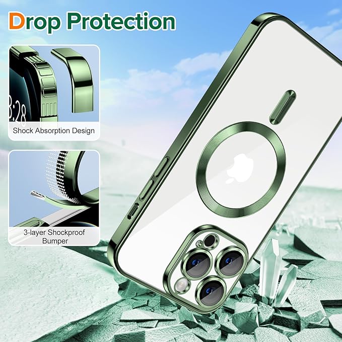Hython Magnetic Clear for iPhone 12 Pro Case with Camera Lens Protector [Compatible with MagSafe] Luxury Plating Edge Slim Soft TPU Cover Protective Phone Case for iPhone 12 Pro 6.1", Deep Green