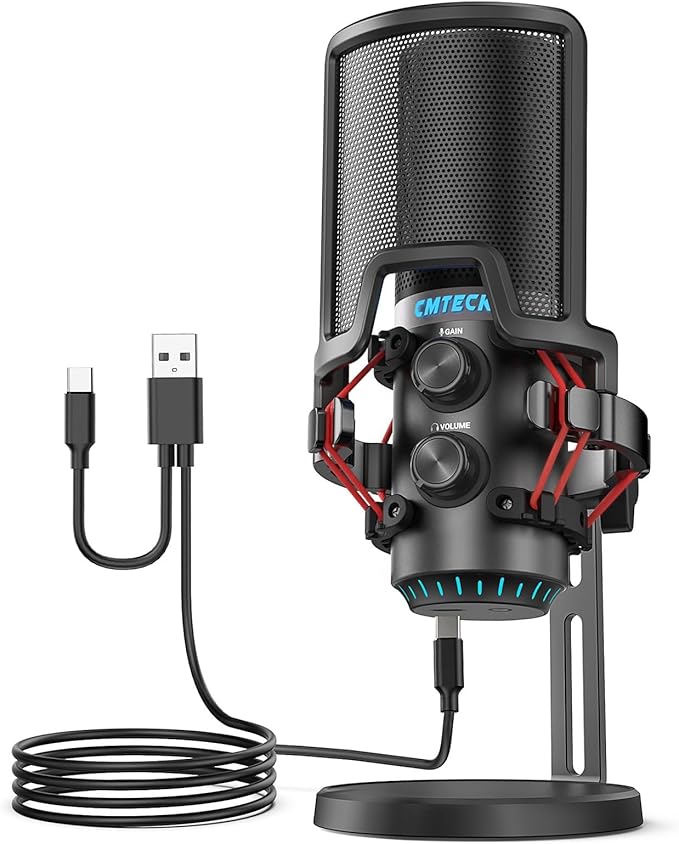 CMTECK USB Microphone for PC, Condenser Mic for Streaming, Podcasting, Video, Meeting, Gaming, Gain Control, Monitoring Headphone Jack, Anti-Vibration Shock Mount and Pop Filter (Posh Black)