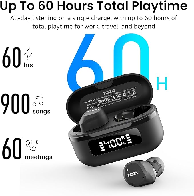 TOZO NC9 Hybrid Active Noise Cancelling Wireless Earbuds, 6 Mics ENC Clear Call, IPX8 Waterproof, in Ear Bluetooth 5.3 Headphones Stereo Bass Ear Buds 60H Playtime with LED Display 32 EQs via APP