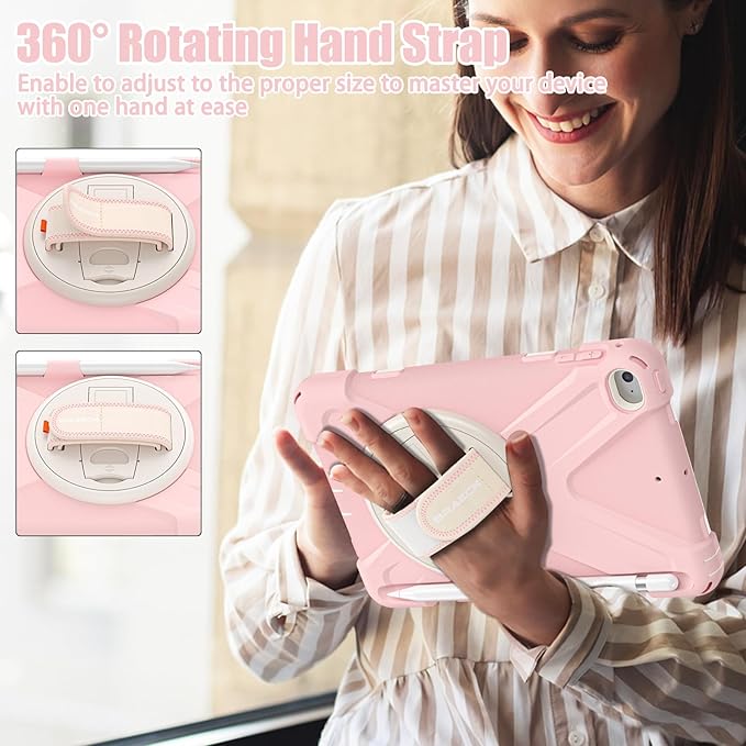 BRAECNstock Kids Case for Apple iPad mini 5/4 7.9" 2019/2015, Shockproof Protective with Pencil Holder, Rotating Stand & Hand Strap,Shoulder Strap, Case for iPad mini 5th/4th Gen, Sakura Pink