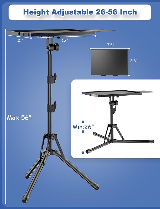GSOW Projector Stand, Adjustable Height 26 to 56 Inch Laptop Tripod, Laptop Stand with Mouse Tray, Foldable Tripod for Projector with Carry Bag, Portable Podium Stand for Office, Home, Stage, DJ