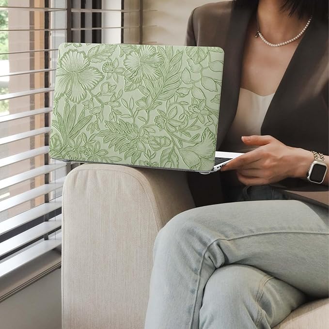 iCasso Compatible with MacBook Air 13 inch Case 2020-2018 Release A2337 M1 A2179 A1932, Texture Leather Plastic Hard Shell Case + Keyboard Cover + Screen Protector, Green Embossed Floral