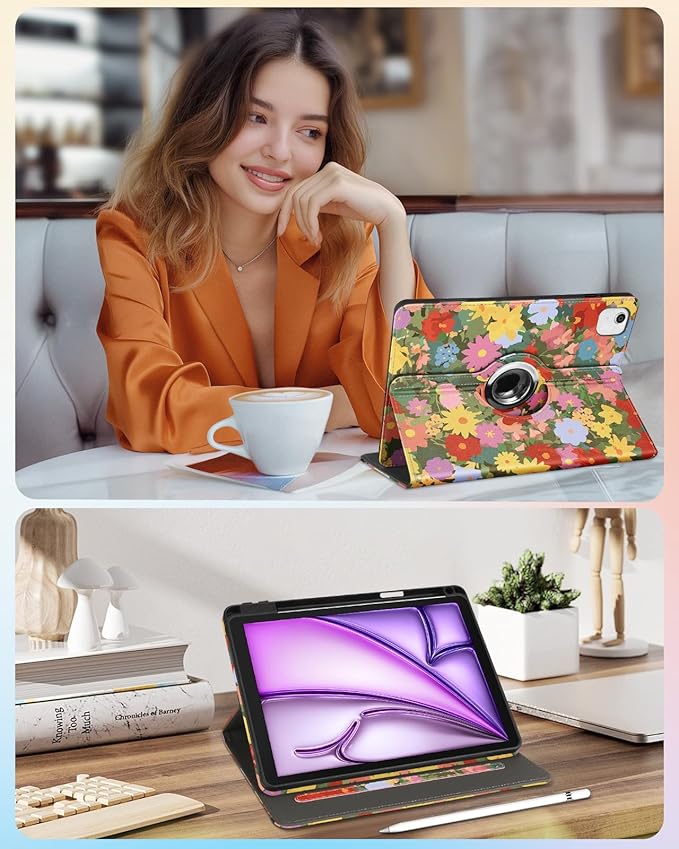 Kidcube for iPad Air 13 Inch Case (M3/M2)/for iPad Pro 12.9 Cases 6th/5th (2022/2021) - Women Girls Cute Rotating Stand Folio Cover with Pencil Holder & Card Slot Design Girly Kawaii Cat Flower Cover