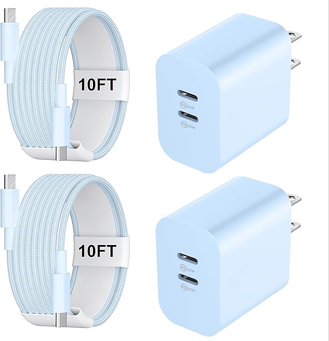 Fast Charger for 15 16 17 Pro Max, 10FT Nylon Braided USB C to C Charging Cable Cord & 20W Dual Port USB C Fast Charger Block for Phone 17 16 15 Pro Max/17 16 15/15 Plus,Android Phone-Blue