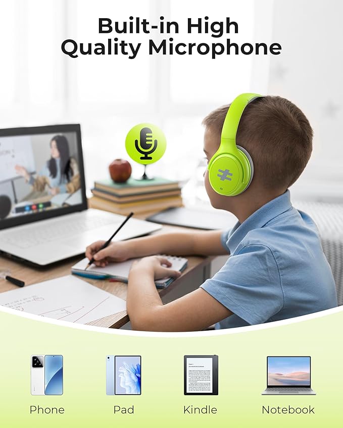 seenda Active Noise Cancelling Headphones for Kids, HEO-303 Bluetooth 5.4 60H Playtime Type C Fast Charging, 74/85/94 dB Safe Volume Limit Headset with Mic for Ipad, Airplane, Travel, Green