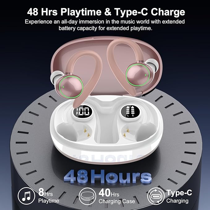 Wireless Earbuds, Bluetooth 5.4 Headphones Sport, Over Ear Buds With ENC Noise Cancelling Mic, 48H, Wireless Earphone With Earhooks, Stereo Deep Bass, IP7 Waterproof for Workout Running, Rose Gold