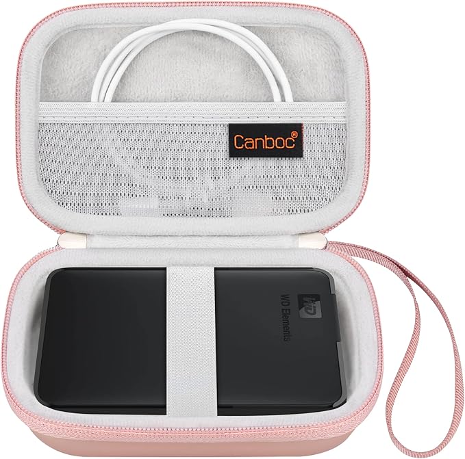 Canboc Hard Drive Carrying Case for Western Digital Elements WD My Passport Canvio Basics Seagate Backup Plus Slim 1TB 2TB 3TB 4TB, External Hard Drive Case, Mesh Bag fits USB Cable, Rose Gold