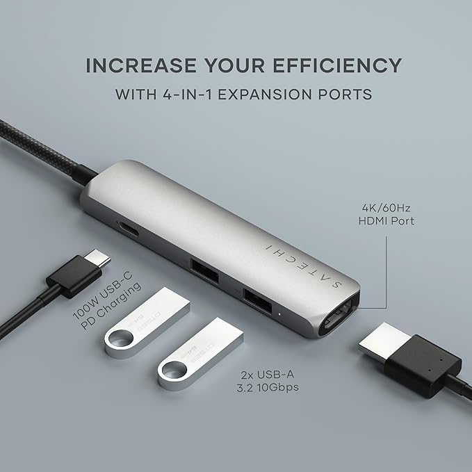 Satechi 4 in 1 USB C Hub Multiport Adapter with HDMI 4K@60Hz, 100W PD Charging, 2X USB-A Data Ports for MacBook Air/Pro/Neo, iPad Air/Pro, Windows – Space Gray
