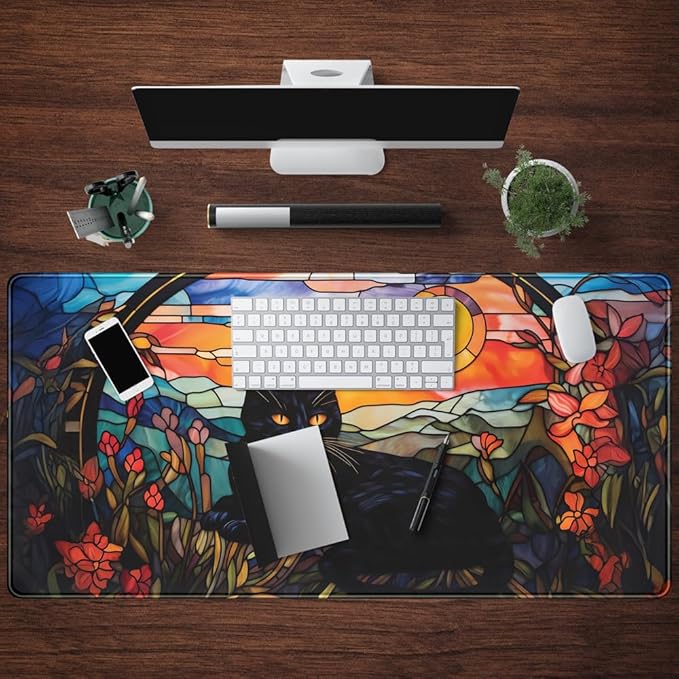 Mechanical Cattle Black Cat Desk Mat Vintage Sunset XXL Large Mouse Pad Laptop Desk Mousepad with Stitched Edges, Keyboard Pad Mouse Mat for Work Game Office Desk Accessories 31.5x15.7 in