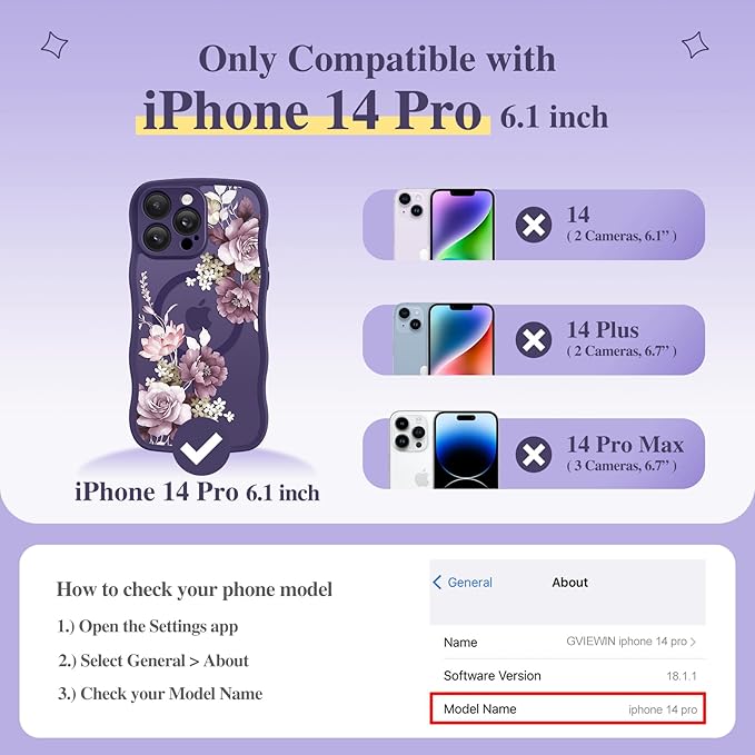 GVIEWIN for iPhone 14 Pro Case Compatible with MagSafe [Curly Wave Edge][Full Camera Protection] Floral Translucent Shockproof Magnetic Women Phone Case for 14 Pro, Cherry Blossoms/Deep Purple
