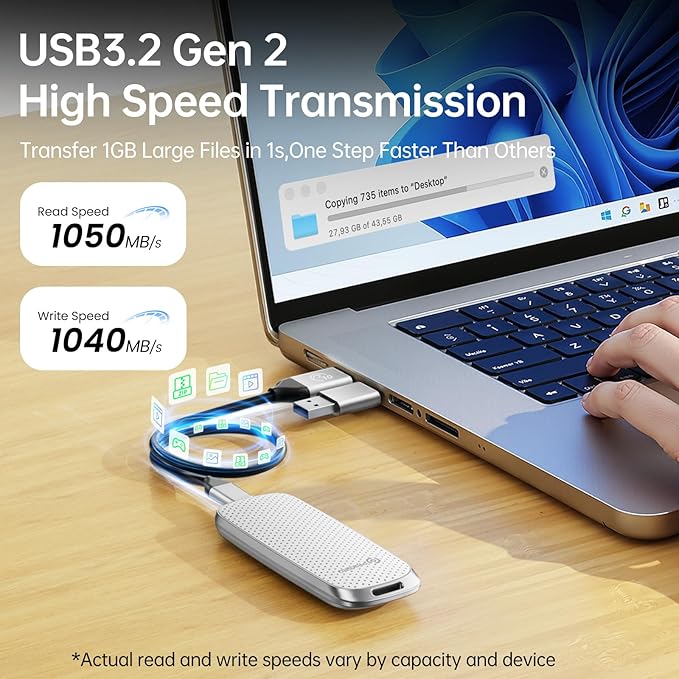 PHIXERO P10PRO External NVMe SSD 512GB, Up to 1050MB/s, USB 3.2 Gen2, Includes 2-in-1 USB C Cable, Portable Hard Drive for iPhone 15/16 PRO/Android/Mac, White