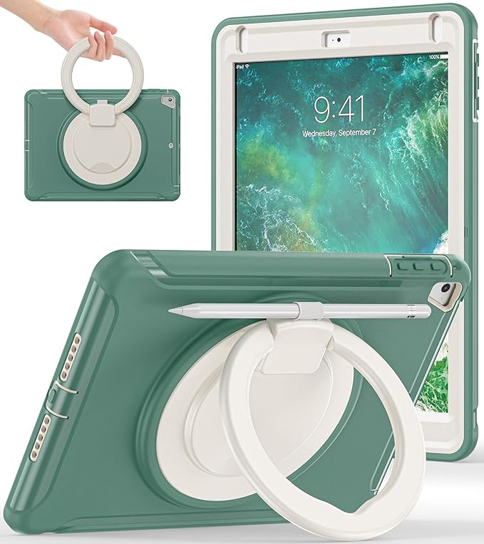 BATYUE Case for iPad 6th Generation 9.7 inch 2018, iPad 5th Gen 2017, iPad Air 2/ iPad Pro 9.7'',Shockproof Protective Cover with Pencil Holder &Rotating Kickstand,for Kids,Boys,Girls (Emerald Green)