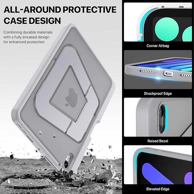 iPad mini Case for A17 Pro/6th Gen, Dual Kickstand Protective Cover with Apple Pencil Holder for 8.3” iPad mini (Grey, iPad mini A17 Pro/6th)