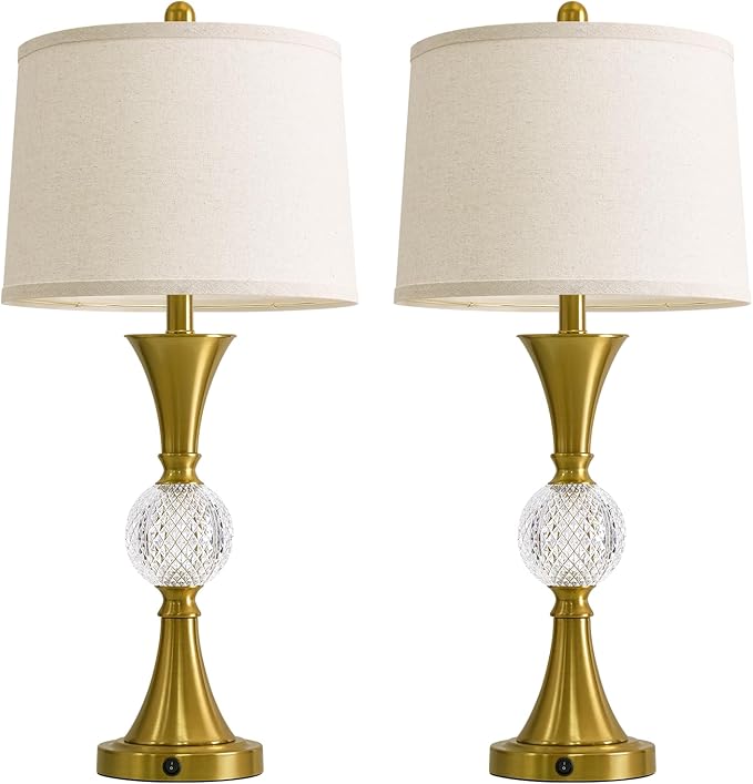 Oneach 28.5" Gold Table Lamps Set of 2, Tall Luxury Bedside Lamps with Night Light, USB A+C Charging Ports, Elegant Metal Nightstand Lamps for Bedroom Office End Table Decoration