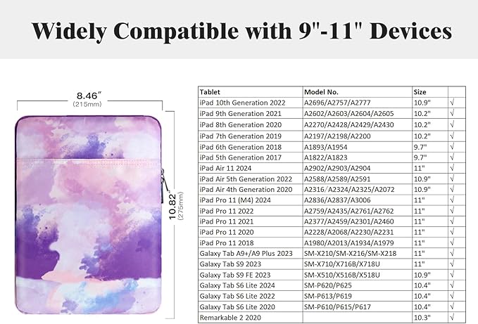 TiMOVO 9-11" Tablet Sleeve Bag for iPad 11-inch A16 2025, iPad 10.9"/10.2"| Air 11 Inch/5th/4th Gen. 10.9", Galaxy Tab A9+/A11Plus 11", Protective Bag Fit Smart Keyboard, Watercolor Purple