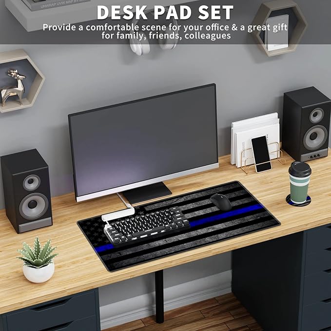 Large Gaming Mouse Pad, Thin Blue Line American Flag Design Keyboard Mat Desk Mousepad, Full Desk Extended XXL Mouse Pad 35.5" X 15.75" w/Stitched Edges Non-Slip for Office Home Gamer