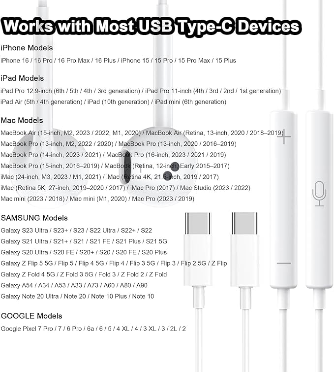 2 Packs USB C Headphones，Type C for iPhone Wired Headphones for iPhone 16/15/17 Earbuds with Mic and Volume Control，Hi-Fi Stereo In Ear Earphones for Galaxy S24/S23~S20/Ultra Note 10/20，Purple+Green