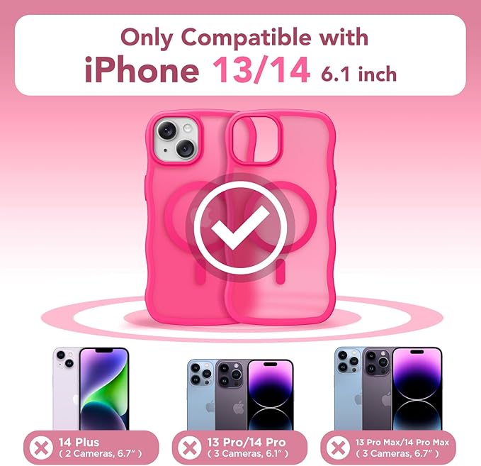 CAPRARO Cute for iPhone 13 Case & iPhone 14 Case, Compatible with MagSafe, [Curly Wave Edge] [Camera Protection] [14 FT Drop Protection] Magnetic for iPhone 13/14 6.1 Inch, Hot Pink