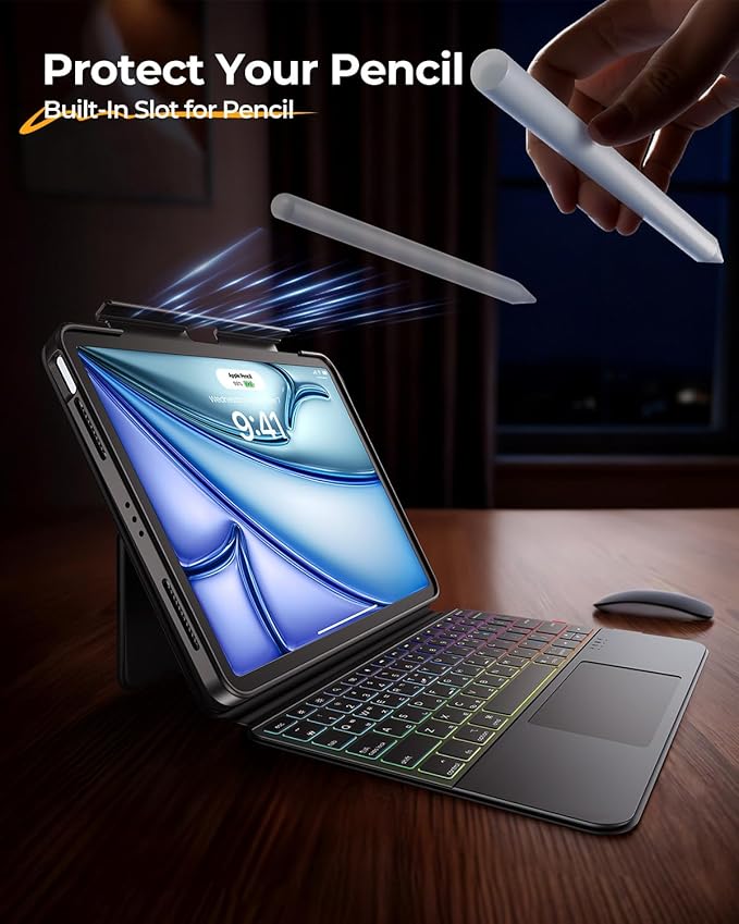 Clear Magnetic Keyboard Case for iPad Air 13" (M3/M2 2025/2024) & iPad Pro 12.9" (6/5/4/3 Gen) 2018 2020 2021 2022, 7-Color Backlit & Multi-Touch Trackpad, Rotatable & Liftable w/Stand, Black