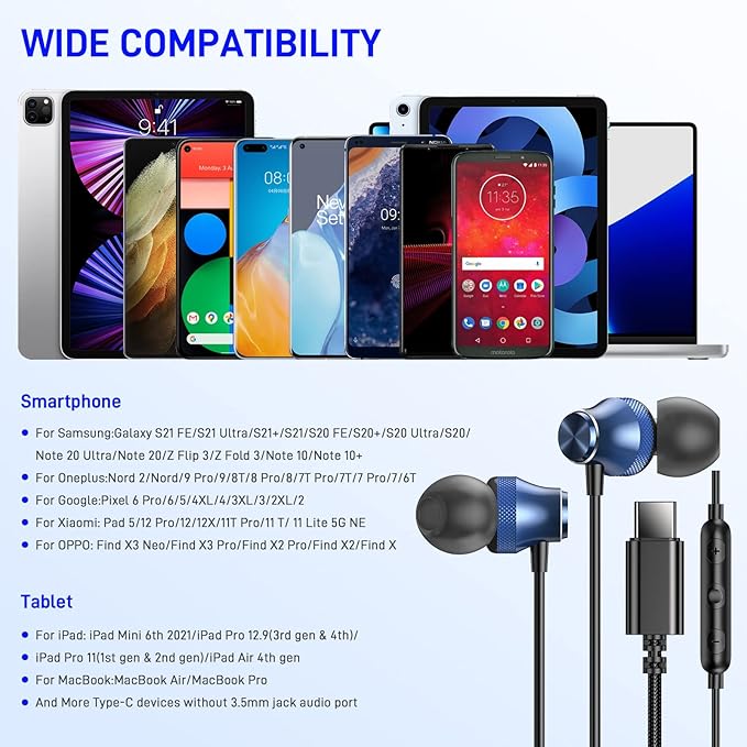 USB C Wired Earbuds for Google/Pixel 10 10a 9 8 8A 7 7A 6A for iPhone 17 17e Air 16 Pro Max 16e 15 Plus Corded Headphones for Apple/Android Type C Earphones for Samsung/Galaxy S26 S25 S24 Ultra Blue