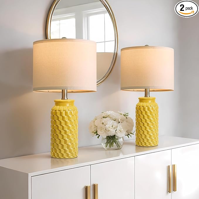 USumkky 20.5" Ceramic Table Lamps Set of 2 - Modern Farmhouse & Boho Style, Bedside Nightstand Lamps for Bedroom, Living Room End Table Lamps, Small Desk Lamp(Yellow)
