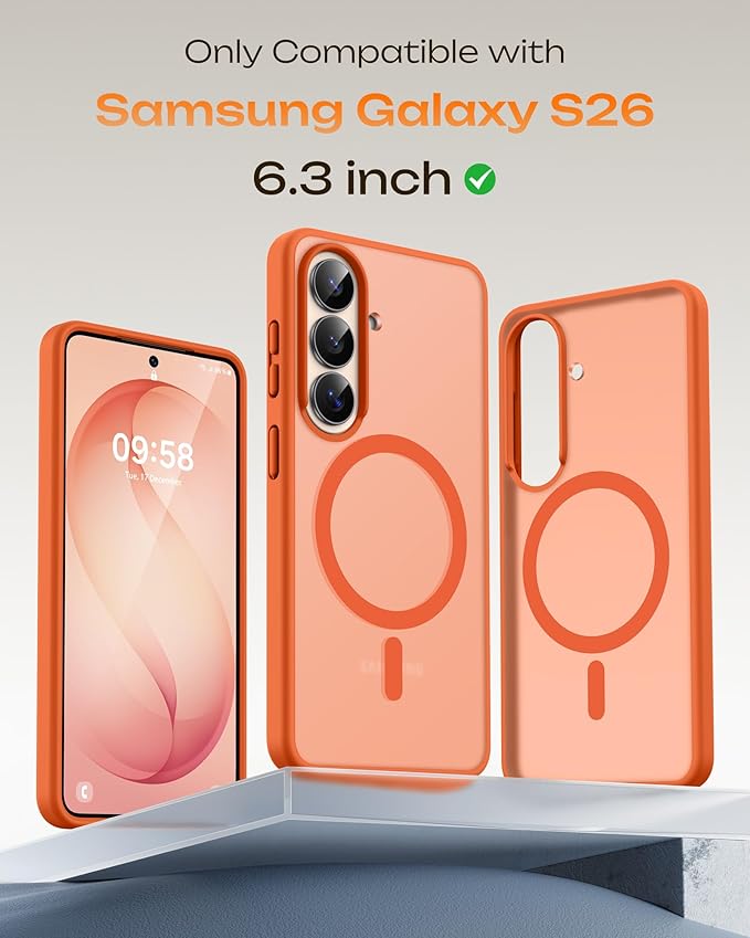 TOCOL for Samsung Galaxy S26 Case, Compatible with Magsafe, Full Camera Protection, Built-in Magnetic Ring, Drop Protection, Translucent Matte Phone Case for S26 6.3 inch (Orange)
