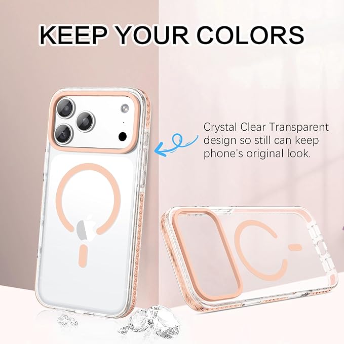 BENTOBEN Magnetic for iPhone 17 Pro Case 6.3", Compatible with Magsafe Military Shockproof Protective Bumper Cute Transparent Slim Anti-Yellowing Phone Case for iPhone 17 Pro Cover,Clear Light Orange