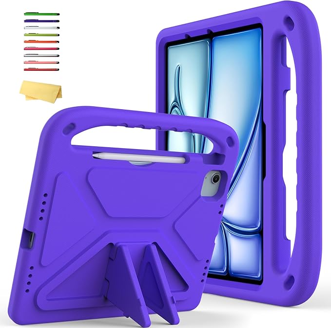 Kids Case for Apple iPad Air 11 inch M4/M3/M2 (2026/2025/2024) with Pencil Stylus Holder/Handle/Kickstand Slim Lightweight Cute Soft Shockproof EVA Folio Stand Protective Tablet Cover, Purple