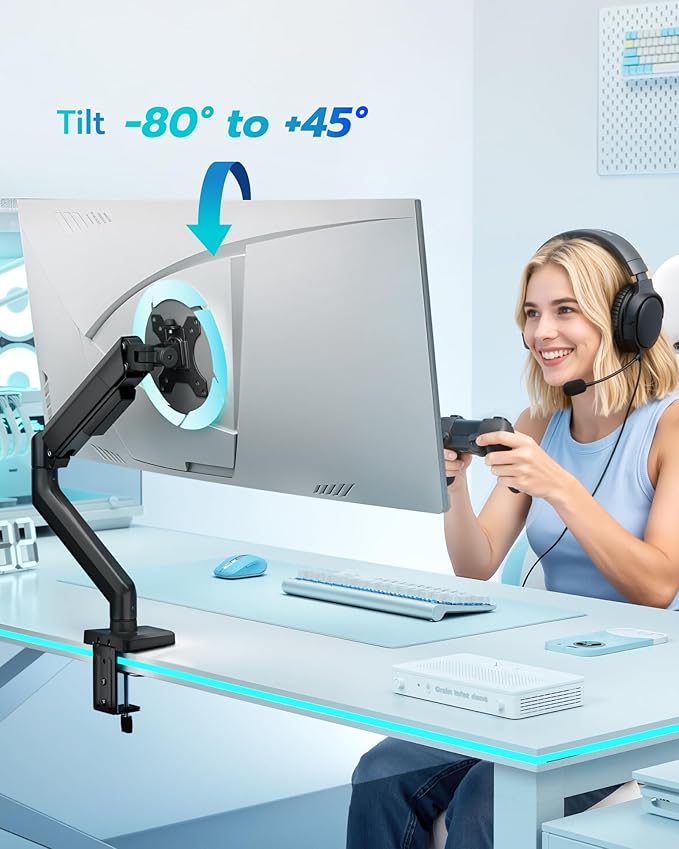ARES WING Heavy Duty Single Monitor Arm - Fully Adjustable Monitor Mount for 17"-40" Ultrawide Screens up to 26.4 lbs with Clamp/Grommet Desk Mount, 75/100 Vesa Mount, Black