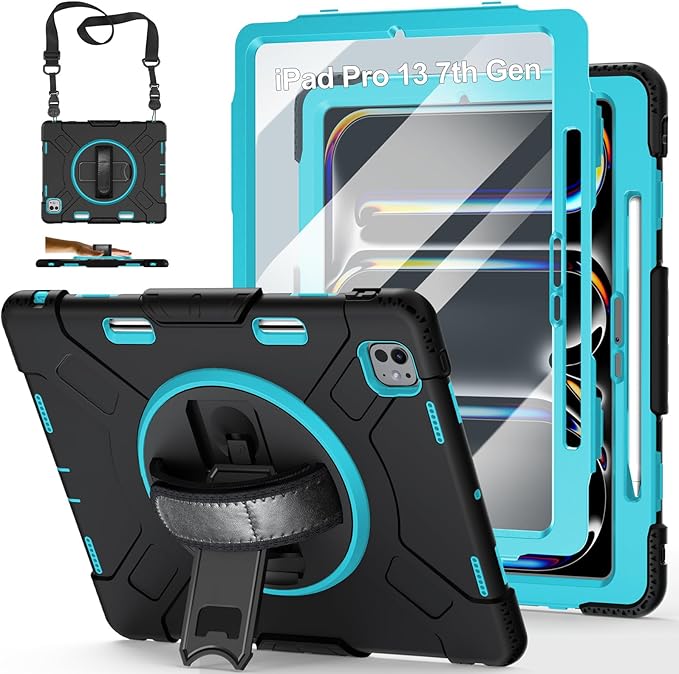 Case for iPad Pro 13 Inch M5 2025/ M4 2024: Military Grade Cover for iPad Pro 13" with Screen Protector - Stand - Handle - Shoulder Strap - Pencil Holder- Mint Green