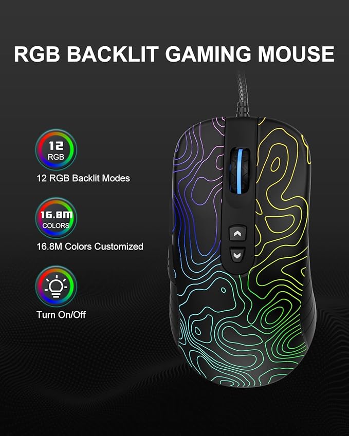 Womier G706 USB Wired Gaming Mouse for PC Computer Windows Mac Laptop, Lightweight Silent RGB Backlit Mouse with Adjustable 12000DPI/7 Programmable Side Buttons,Topographic Theme (Black Topographic)