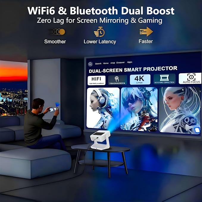 【Touch Screen/APP Store/800 ANSI/Auto Focus】Portable Projector, Full HD 4K Support Smart Video Projector, WiFi 6 Bluetooth for Home Theater/Gaming/Outdoor (180° Stand & 300 ''Display)