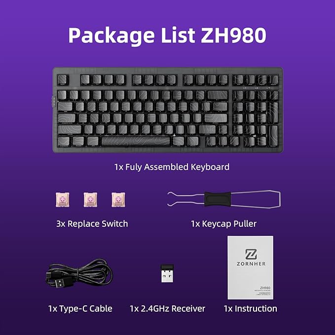 ZORNHER ZH980 Mechanical Keyboard Wireless,95% Black Hot-Swappable Custom Creamy Keyboard with Number Pad,Black Topographic Keycaps,Creamy Sounding Linear Switches,Full Size,2.4GHz/USB-C/BT5.0