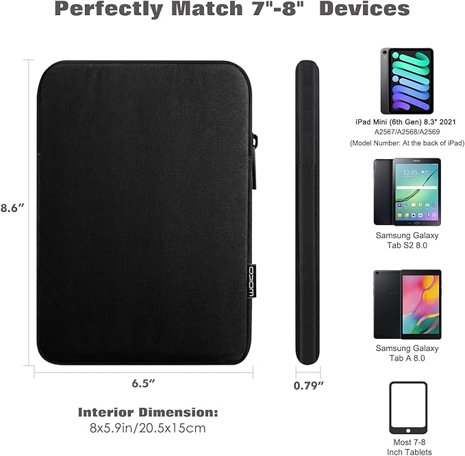 MoKo 7-8 Inch Tablet Sleeve Bag, Polyester Pouch Cover Case Fits iPad mini (A17 Pro) 8.3" 2024, iPad mini 6/5/4/3/2/1, Samsung Galaxy Tab S2 8.0, Tab A 8.0, ZenPad Z8s 7.9,Black