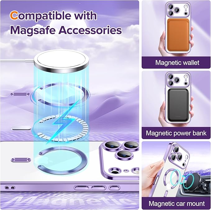 Hython Magnetic Clear for iPhone 17 Pro Max Case with Camera Lens Protector [Compatible with MagSafe] Plating Edge Slim Soft TPU Cover Protective Phone Case for iPhone 17 Pro Max 6.9", Light Purple