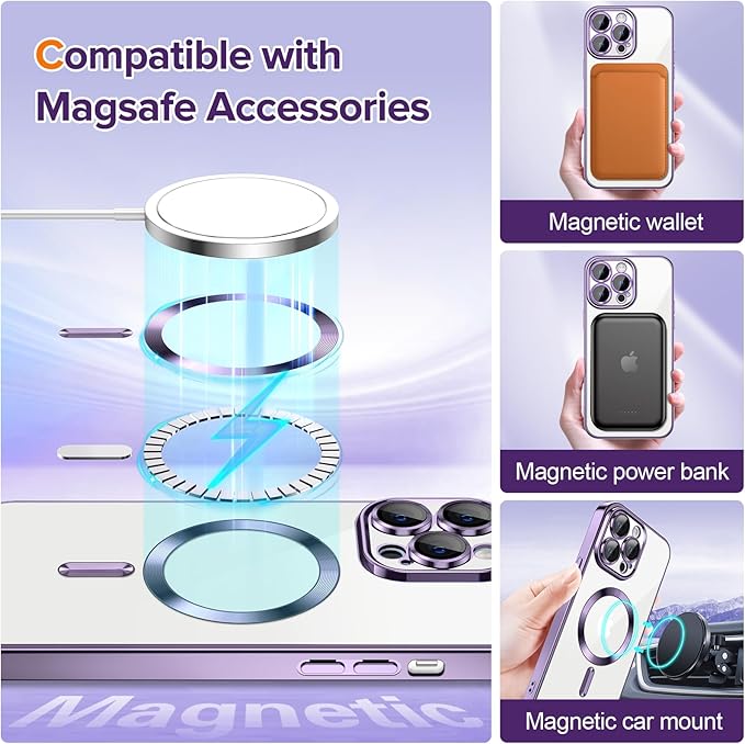 Hython Magnetic Clear for iPhone 13 Pro Max Case with Camera Lens Protector [Compatible with MagSafe] Plating Edge Slim Soft TPU Cover Protective Phone Case for iPhone 13 Pro Max 6.7", Deep Purple