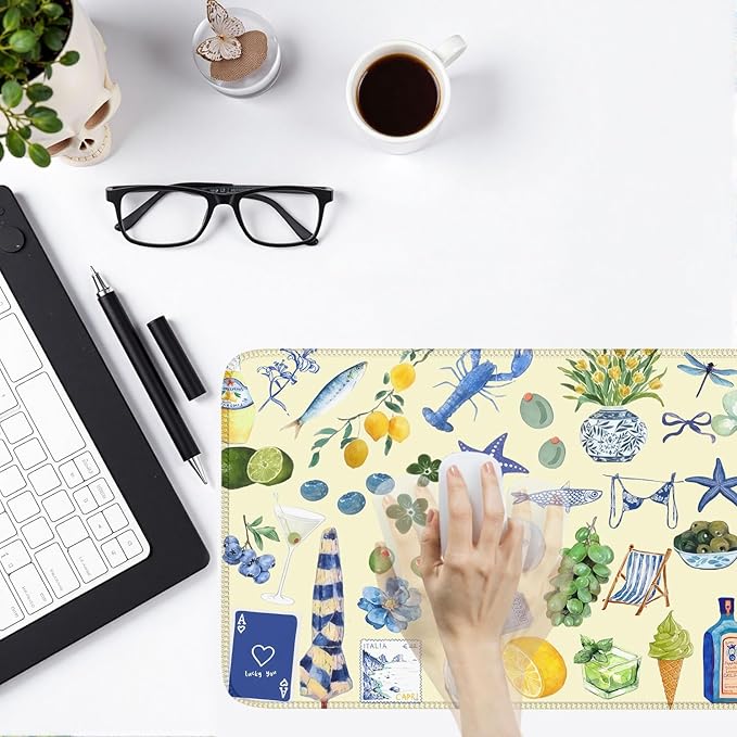 Cute Pastel Coastal Desk Mat with Vibrant Sea Life Beige Large Mouse Pad Cozy Aesthetic XXL Mouse Pad Anti-Slip Big Mousepad with Stitched Edges for Computer Desktop