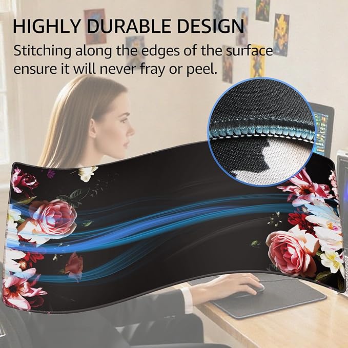 KTRIO Large Gaming Mouse Pad Desk Mat, Superior Micro-Weave Cloth, Non-Slip Rubber Base, Stitched Edges, Water-Resistant, for Gamer, Office & Home, 31.5 x 15.7 Inch，Peony Flower