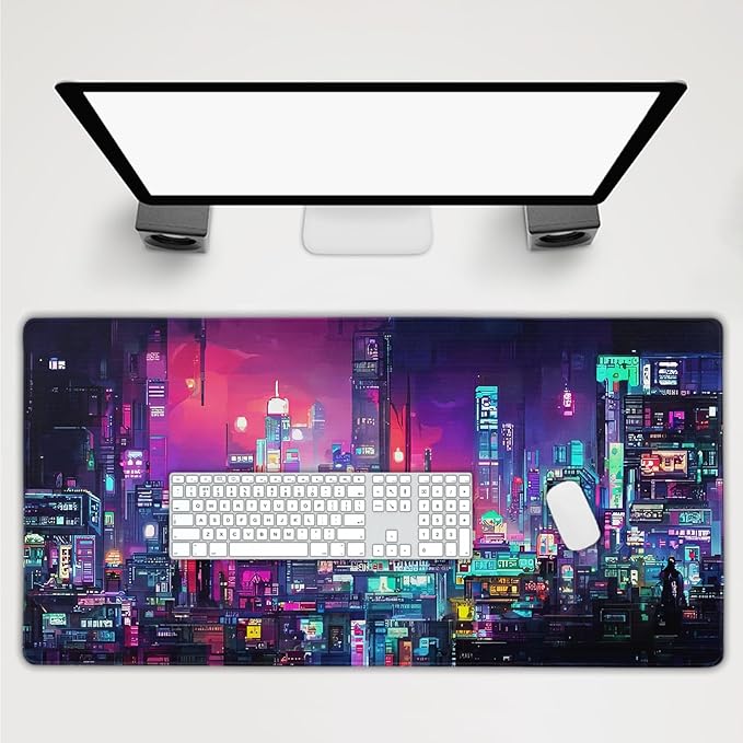 Retro Japanese Anime Gaming Mouse Pad Extended Cool Dark Purple Red Vaporwave City Large Desk Mat Big Mousepad Non-Slip Rubber Base Stitched Edge Long Desk Pad for Desktop Computer,40×20 Inch