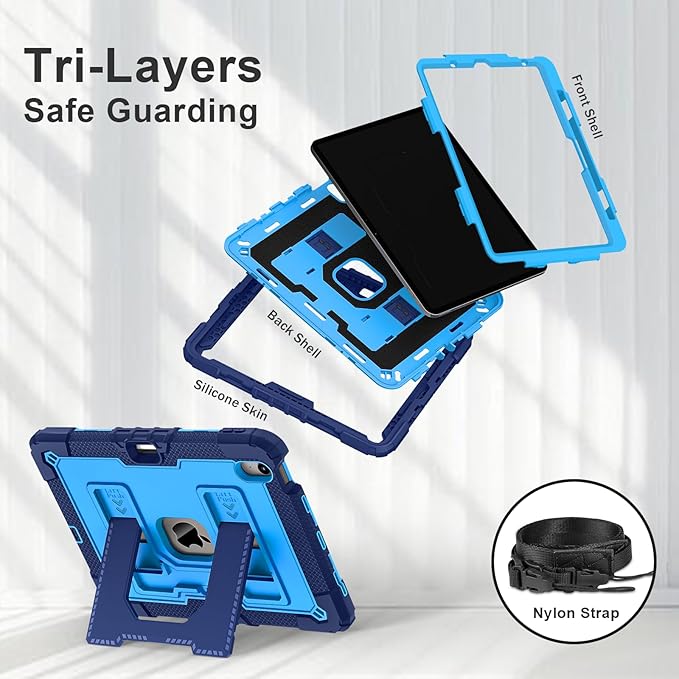 Kids Friendly Case for iPad Air 11 Inch M4 M3 M2 2026/2025/2024 Case with Pencil Holder & Shoulder Strap, Military Grade Shockproof Kickstand Hard Shell Protective Cover,Blue