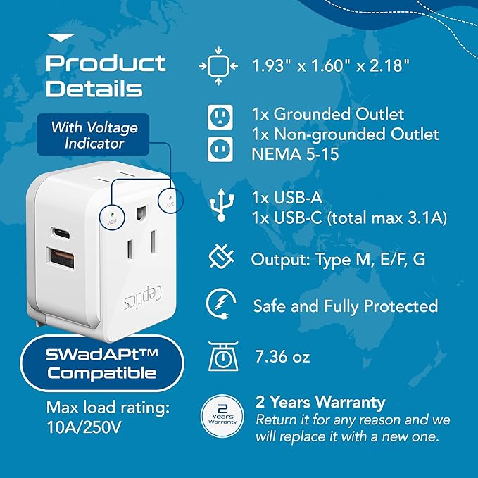 Ceptics South Africa Power Adapter Travel Set - 20W PD & QC, Fast & Safe with Dual USB & USB-C - 2 USA Outlet - Use All Over Africa, Zimbabwe, Morocco - Includes Type E/F, M, G SWadAPt Attachments