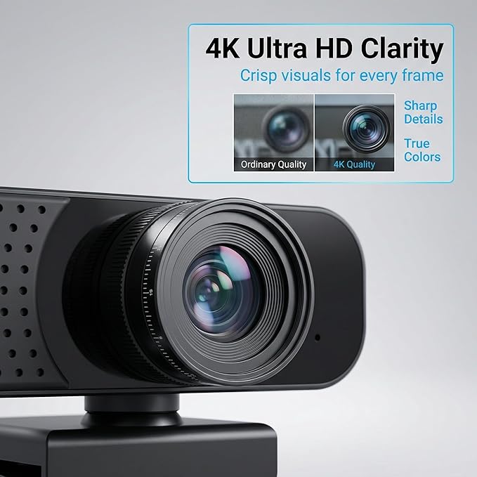Gohero 4K Webcam with Dual PDAF Autofocus, 2 Noise Reduction Mics, Auto Light Correction, Privacy Cover, 83° FOV, USB-A, for PC, Mac, Laptop, Video Calls Pro Series