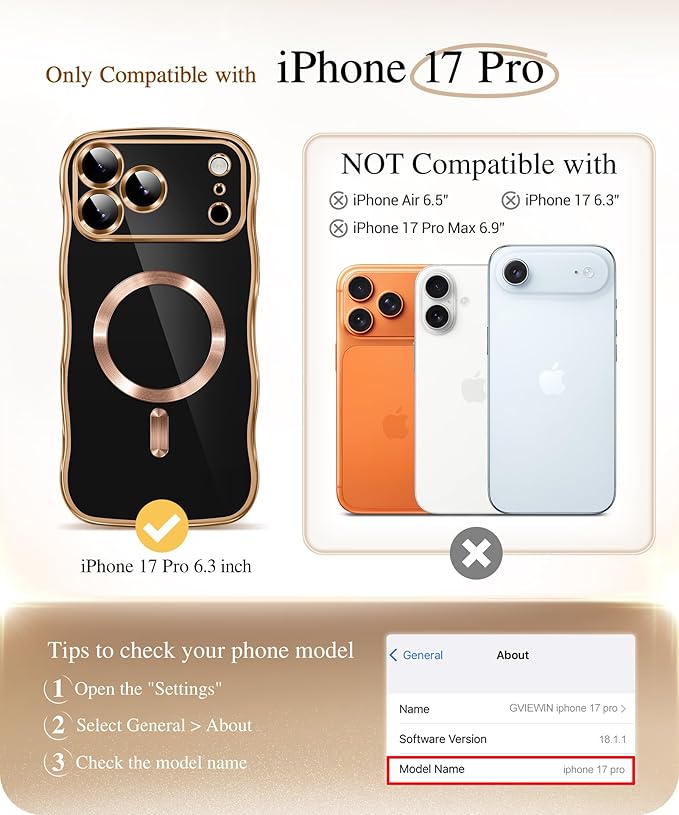 GVIEWIN for iPhone 17 Pro Case Compatible with MagSafe, Upgraded [Full Camera Protection][Cute Wave Frame][Military Grade Protection] Electroplated Hard Phone Cover for Women Girl, Black