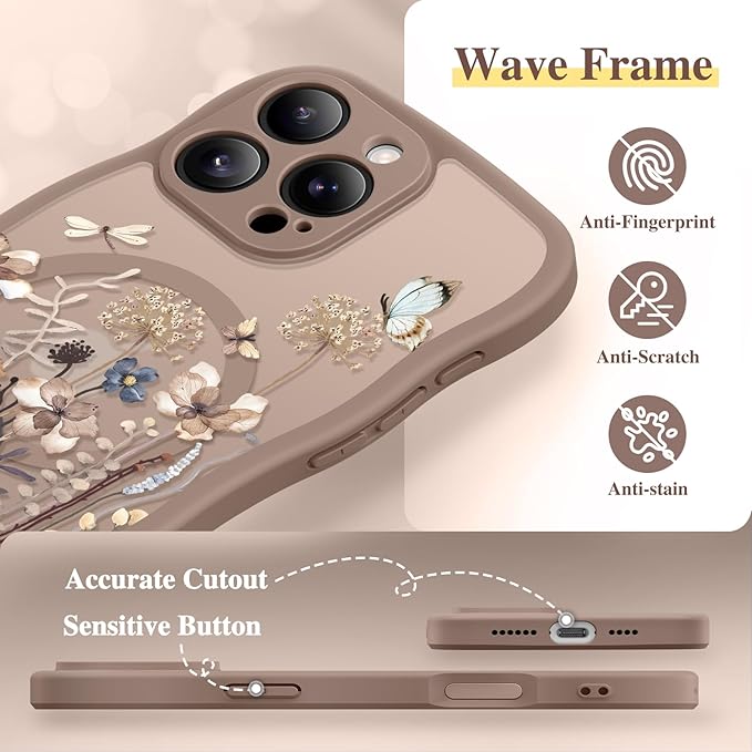 GVIEWIN for iPhone 16 Pro Max Case Compatible with MagSafe [Curly Wave Edge][Full Camera Protection] Floral Translucent Shockproof Magnetic Women Phone Case for 16 Pro Max, Autumnflit/Brow