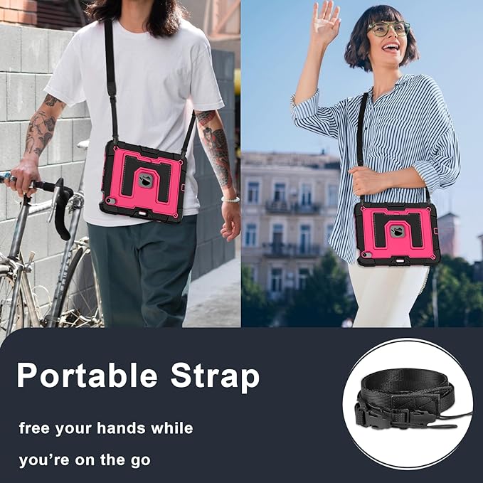 Kids Friendly Case for iPad Air 11 Inch M4 M3 M2 2026/2025/2024 Case with Pencil Holder & Shoulder Strap, Military Grade Shockproof Kickstand Hard Shell Protective Cover,Black+Rose
