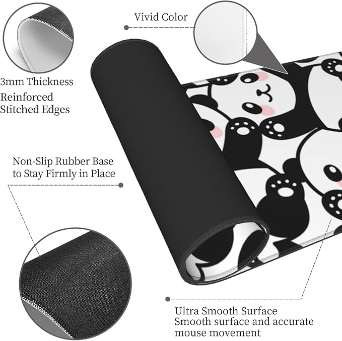 Cute Panda Print Mouse Pad Extended Large Gaming Mouse Pad XL Oversized Desk Pad Stitched Edges Non-Slip Mat 31.5 X 11.8 Inch